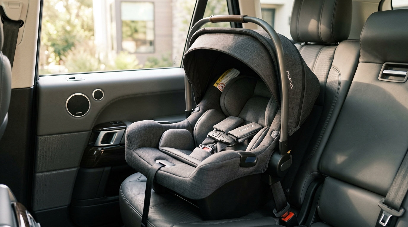 New car seat installed properly in vehicle backseat