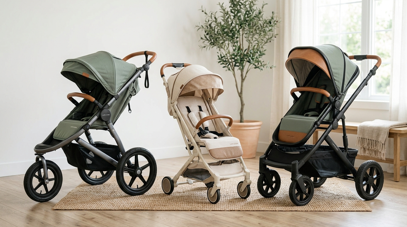 Testing a stroller's wheels and brakes at a market